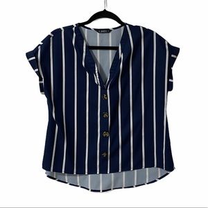 Shein Blue & White Striped Short Sleeve Blouse | M